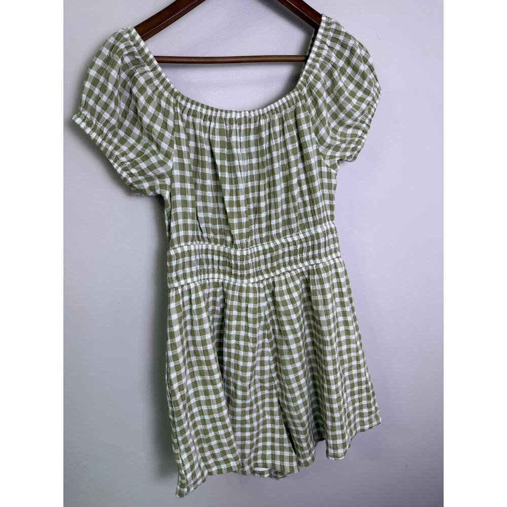American Eagle Olive Green Gingham Off Shoulder Romper Elastic Waist Large - Picture 5 of 5